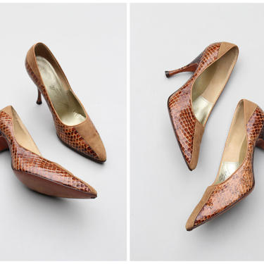 1950s Italian couture high heels - snakeskin &amp; suede pumps / Julianelli - 50s reptile stiletto pumps / collectible designer shoes - 6.5 B 