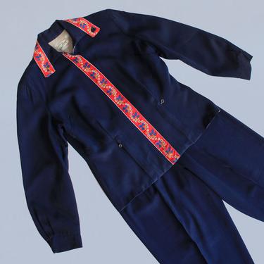 1940s Ski Suit / 40s Sportswear Set / Navy Gabardine Jacket and Pants / Austrian Alpine Embroidery 