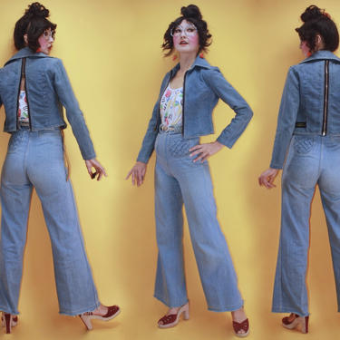 Vintage 1970s Front Back Both Side Zip Up Opener Cropped Denim Jacket by ricardo’s ménage de trois/SZ XS/70s Disco Boho Hippie Light Wash 