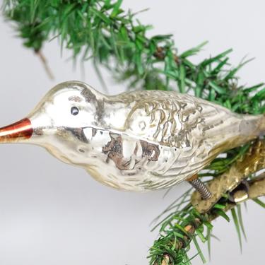 Vintage Mercury Glass Bird Christmas Clip On Ornament with Spun Glass Tail, Antique Molded Glass 