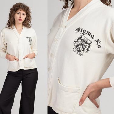 1950s Sigma Nu Pocket Cardigan - Small to Medium | Vintage 50s Off-White Button Up Fraternity Sweatshirt 
