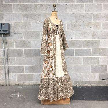 Vintage Dress Retro 1970s Jody of California + Prairie + Cottagecore + Renaissance + Floral Print + Lace + Gunne Sax Style + Women's Apparel 
