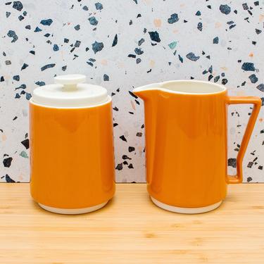 Vintage 1970s MCM Creamer and Sugar Bowl with Lid - Orange and Off-White Ceramic Mid-century Modern Set 