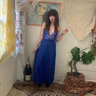 70's BLUE SEXY SLIP - lace cut outs - small 