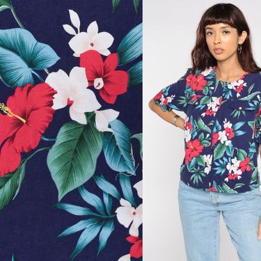 Tropical Floral Blouse 80s Button Up Short Sleeve Top 1980s Vintage Bohemian Jungle Shirt Blue 90s Medium Large 
