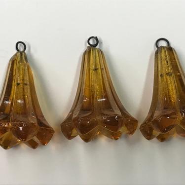 Lot of Three (3) Vintage 1 1/8&quot; (28mm) Amber Bell / Flower Bead Crystal Prisms Many Lots Available 