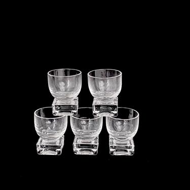 Vintage Set of 5 Art Glass Cordial Shot Liquor Glasses with Modernist Design Square Bases 