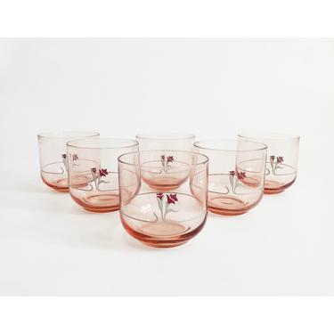 Vintage 1980s Blush Pink Floral Juice Glasses / Set of 6 