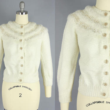 1950s ANGORA Trim Cardigan | Vintage 50s White &amp; Gold Knit Sweater | small / medium 