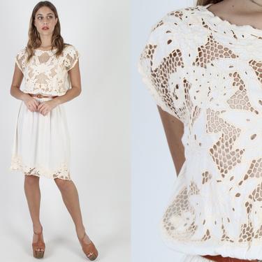 Cream Floral Bali Dress / 70s Embroidered Cut Out Dress / Solid Color Tropical Vacation Dress / Net Eyelet Mesh Resort Womens Mini Dress 