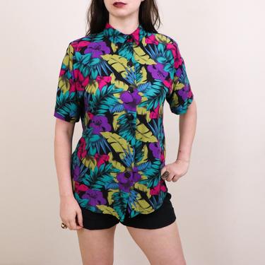 1980s Bold Print Button Up/ Vintage Button Down Shirt/ Neon Print Top/ Cool Hawaiian Shirt/ Made in USA/ Cabrais Shirt 