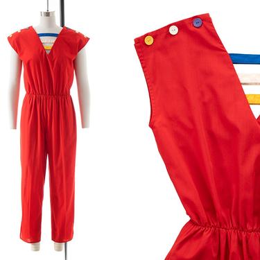 Vintage 1970s 1980s Jumpsuit | 70s 80s Red Color Block Cutout Cotton Blend Pants Romper (small/medium) 