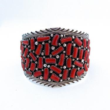 CORAL LINE Vintage 70s Silver &amp; Red Coral Cuff | 1970s Large 58g Sterling Cluster Bracelet | Navajo Native American Indian Southwest Jewelry 