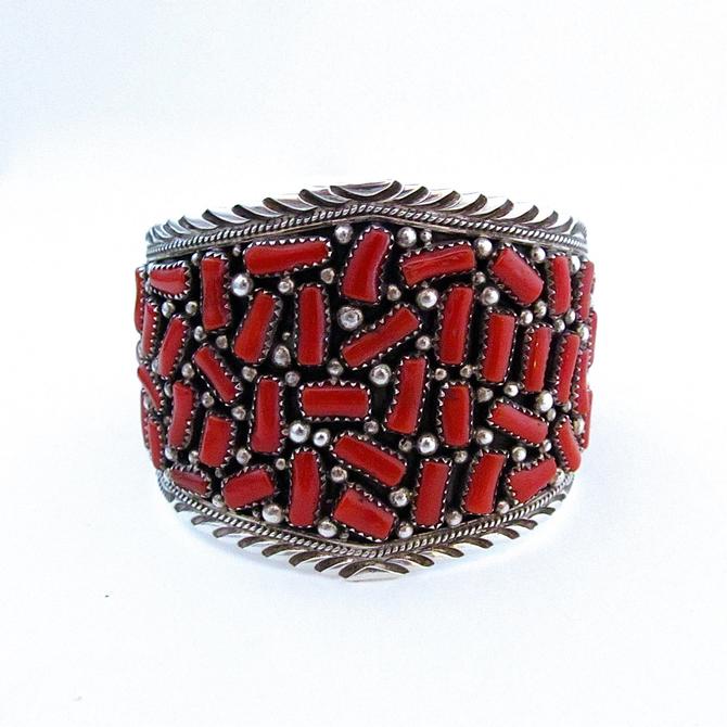 CORAL LINE Vintage 70s Silver & Red Coral Cuff | 1970s Large 58g 