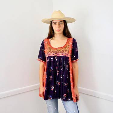 Afghan Blouse // embroidered Indian boho hippie hippy sun blue red // S/M 