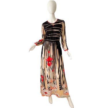 70s The Wilroy Lotus Flower Dress / Vintage Psychedelic Maxi Dress / 1970s Novelty Print Dress Medium 
