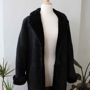 Vintage Shearling Suede Long Black Winter Coat Women's Size M L 