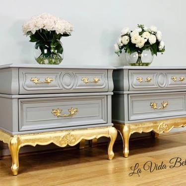 Stunning Pair of French Provincial Side Tables, End Tables, Nightstands, French, Gray, Gold Leaf, Vintage, Antique. 