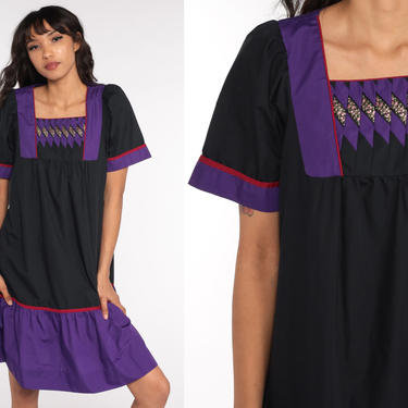 Black Mini Dress Tent Flounce Dress 80s Purple Dress Festival Trapeze Hippie Boho 1980s Vintage Short Sleeve Small 