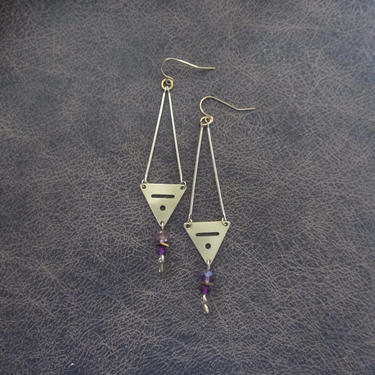 Long crystal and brass earrings, mid century modern earrings, minimalist earrings, simple unique artisan earrings, purple gypsy earrings 