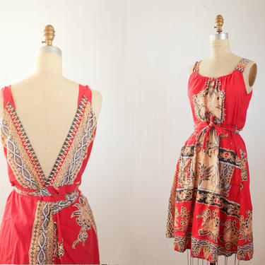 90s batik open back dress || convertible batik print cotton dress || small medium 