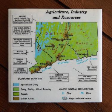 1979 Connecticut Resources Vintage Map Coaster - Ceramic Tile - Repurposed 1970s Hammond Atlas - Handmade - Agriculture Industry - Hartford 