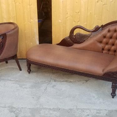 Vintage Carved Swan Barrel Back Chair and Tufted Chaise Lounge