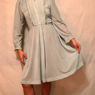 1970s Sheer Sea Green Secretary Dress w/White Polka Dots || Ruffles/Embroidery Bodice Detail || A-Line || Size S/M by CelosaVintage