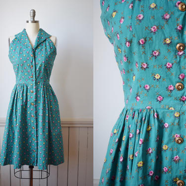 1950s Teal + Rose Print Day Dress | Vintage 50s Cotton Sun Dress | Halter Top | Button Front | Metallic Novelty Print | M 