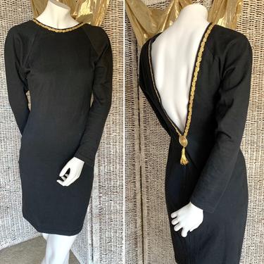 Vintage Stretch Knit Cocktail Dress, Open Back, Gold Metallic Tassel, Braid Trim, Size  M 