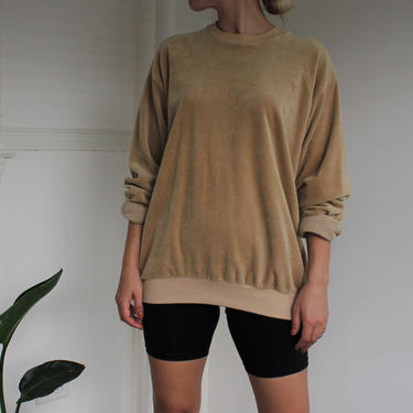 Vintage Campus Light Tan Gold Velour Knit Rib Pullover Sweatshirt Women's Size XL 