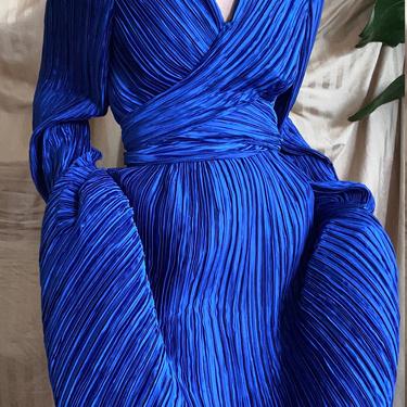 vintage royal blue wrap-waist pleat dress size us 14 
