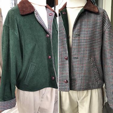 90’s Reversible Dark green corduroy &amp; wool tweed cropped jacket~ Super stylish~ colorful plaid Warm jacket~ trendy Hipster~ size M/L 