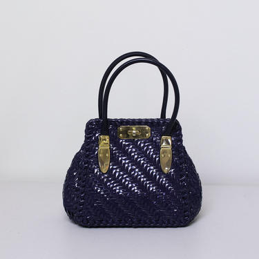 1960s Woven Vinyl Handbag  / 60s Navy Blue Plastic Basket Bag 