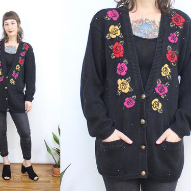 Vintage 90's Black Cardigan with Roses / 1990's Rose Cardigan with Pockets / Studs / Cotton Ramie / Women's Size Small Medium 