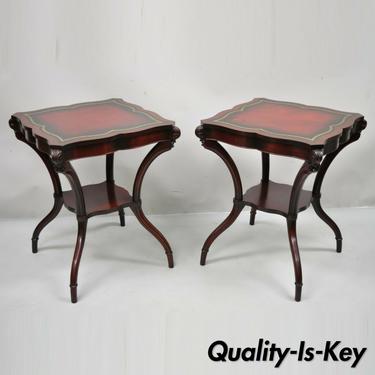Vintage French Regency Style Red Leather Top Mahogany Lamp End Tables - a Pair