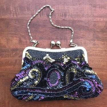 Vintage Black Silver Beaded and Sequins Evening Bag Clutch Purse Small Party Purse 