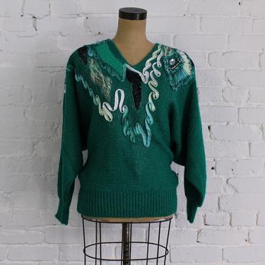 1980s Green V-Neck Sweater | 80s Green Knit Sweater | Christine | Large 