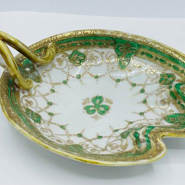 Antique Nippon Green &amp; Gold Beaded Moriage Porcelain China Lemon Plate  Bowl with handle 
