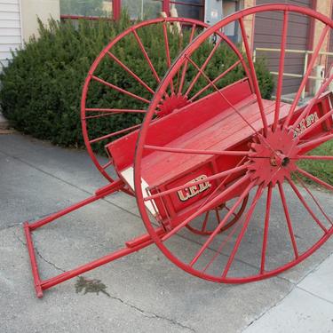 Antique Rare Historic Chicago Fire Hose 3 Wheel Cart and Huge Wheeled Fire Extinguisher 