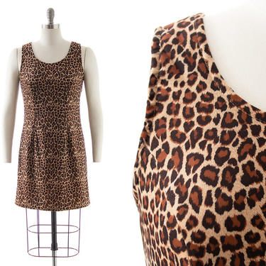 Vintage 1990s Sundress | 90s Leopard Animal Print Stretchy Wiggle Bodycon Cocktail Club Dress (small) 