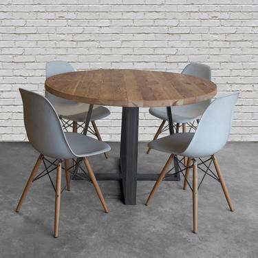 Round Dining Table made with reclaimed wood and steel Criss Cross base in choice of color, size, thickness, finish.  Custom orders welcome. 