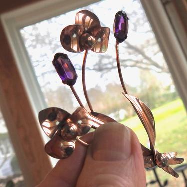 Sterling Vermeil Open Set Purple Crystal Flower Brooch 