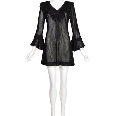 Paraphernalia Vintage 1960s Youthquake Black Open Knit Bell Sleeve Ruffle Mini Dress