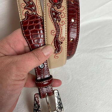 Ban &amp; brown fancy leather belt with ornate silver buckle southwestern / western style Justin ~Women’s belt~ size 32” 
