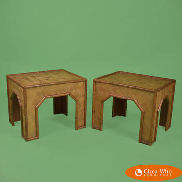 Pair of Faux Bamboo Woven Rattan Side Tables