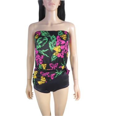 Vintage 80s/90s Neon Abstract Tropical Print Strapless Bathing Suit Size M 