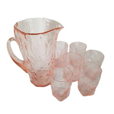 Vintage Pitcher and Juice Glass Set / Pink Crinkle Glassware / San Juan Pitcher / 4" Juice Glass / Morgantown Textured Mid Century Glassware 