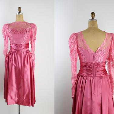 50s Pink Lace Cocktail Dress / Pink Satin / Wedding Guest / Bridemaids / 1950s Dress / Party Dress / Prom/ Size S/M 