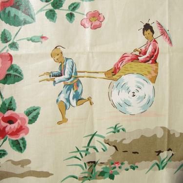 Vintage Asian Chintz Fabric Novelty Print Pagoda Rose Chinoiserie 1.5 Yds 